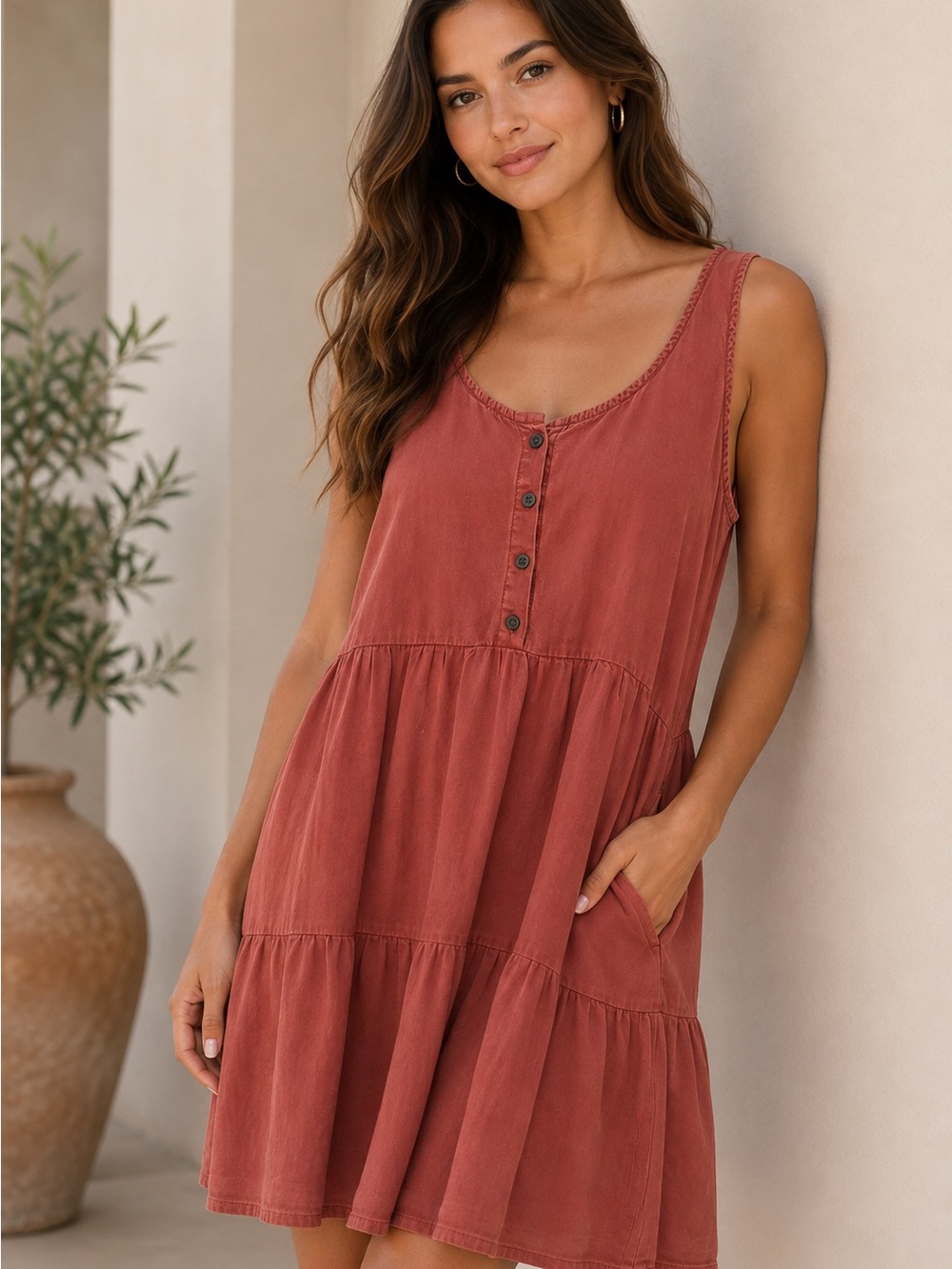 Source Unknown Rust Tiered Midi Dress